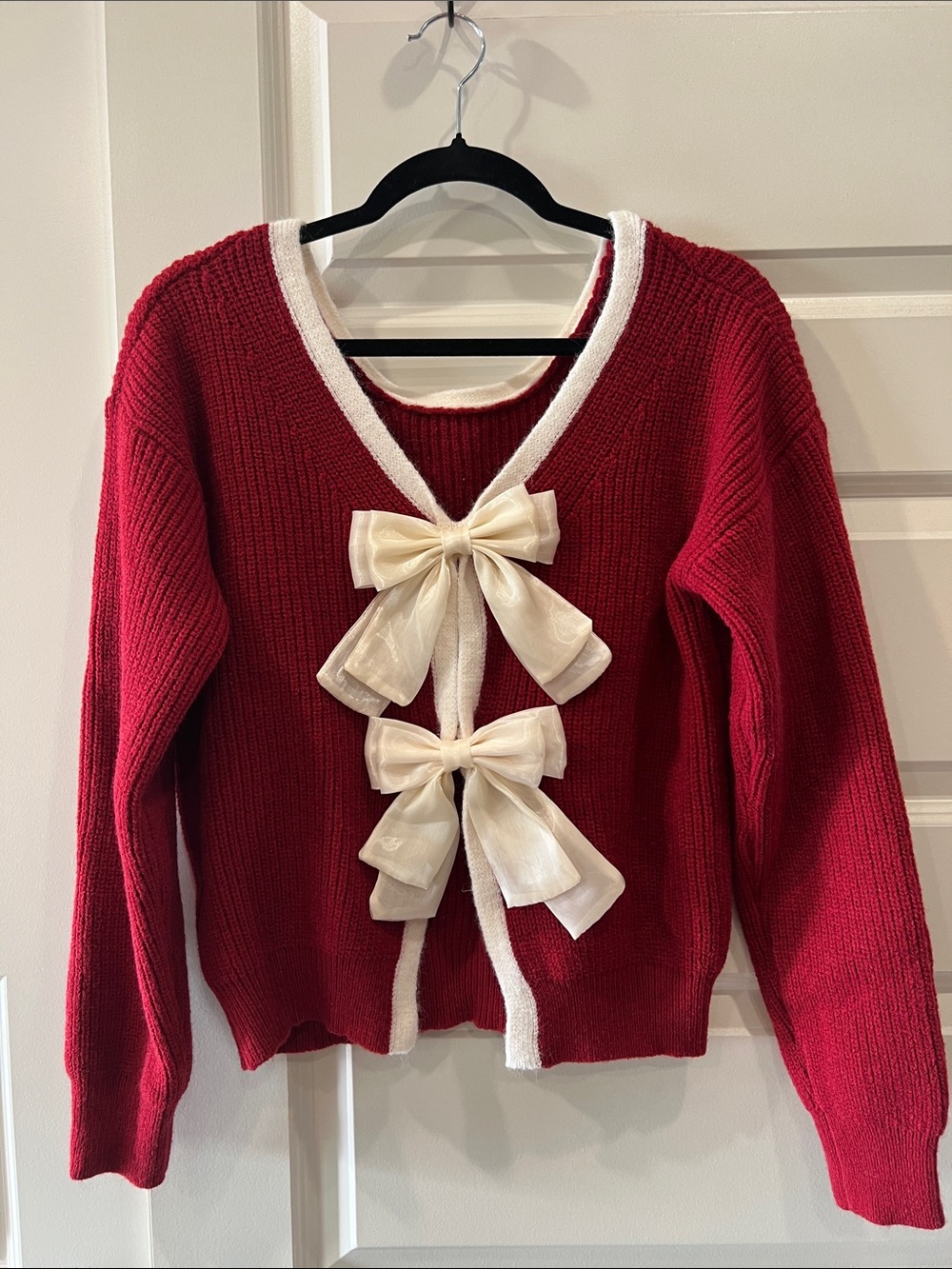 Women's Red Knit Sweater with Cream Bow Accents Sz L